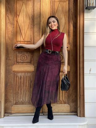 Bordo Desenli Tül Etek