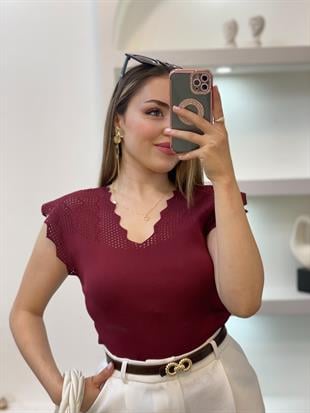 Bordo Kolları Delikli Model Triko Bluz