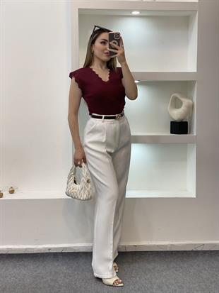 Bordo Kolları Delikli Model Triko Bluz