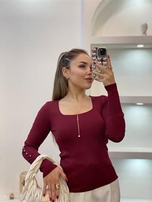 Bordo Kolları Sıralı İnci Detaylı Triko Bluz