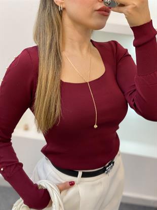 Bordo Kolları Sıralı İnci Detaylı Triko Bluz