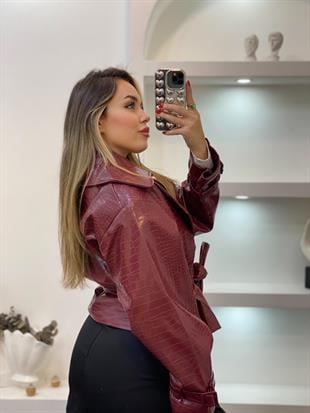 Bordo Krokodil Desen Deri Ceket