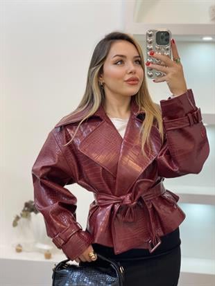 Bordo Krokodil Desen Deri Ceket