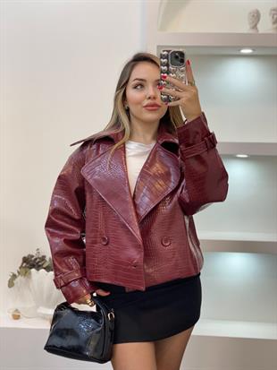 Bordo Krokodil Desen Deri Ceket