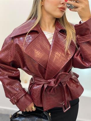 Bordo Krokodil Desen Deri Ceket