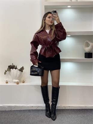 Bordo Krokodil Desen Deri Ceket