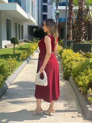 Bordo Kruvaze Yaka Kuşaklı Likralı ,Kalıp Mükemmel Elbise