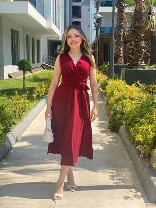 Bordo Kruvaze Yaka Kuşaklı Likralı ,Kalıp Mükemmel Elbise