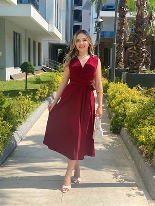 Bordo Kruvaze Yaka Kuşaklı Likralı ,Kalıp Mükemmel Elbise