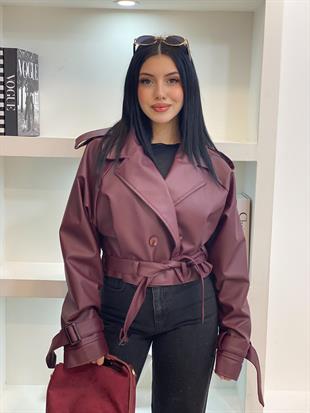 Bordo Kuşaklı Apoletli Deri Ceket 