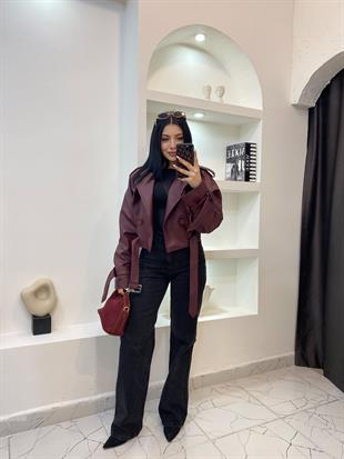 Bordo Kuşaklı Apoletli Deri Ceket 