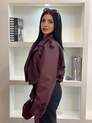 Bordo Kuşaklı Apoletli Deri Ceket 