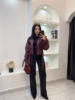 Bordo Kuşaklı Apoletli Deri Ceket 