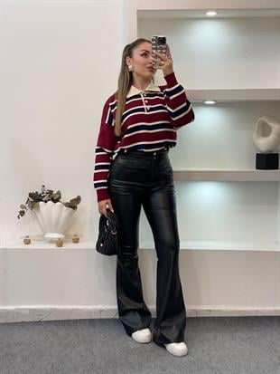 Bordo Lacivert Çizgili Triko Kazak