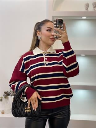 Bordo Lacivert Çizgili Triko Kazak