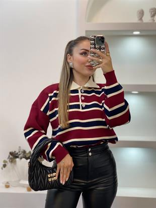 Bordo Lacivert Çizgili Triko Kazak