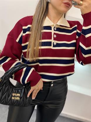 Bordo Lacivert Çizgili Triko Kazak