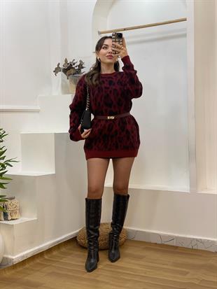 Bordo Leo Desen Kaşmir Dokulu Kazak