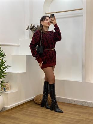 Bordo Leo Desen Kaşmir Dokulu Kazak