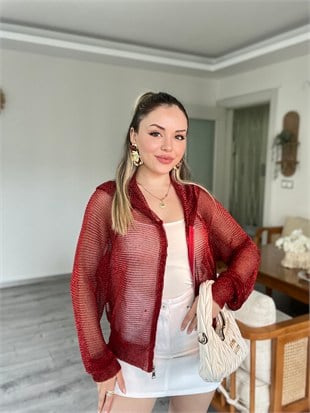 Bordo Metaik Fermuarlı Kapşonlu Hırka