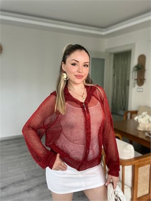 Bordo Metaik Fermuarlı Kapşonlu Hırka