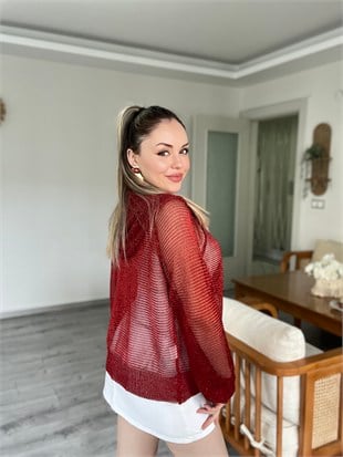 Bordo Metaik Fermuarlı Kapşonlu Hırka