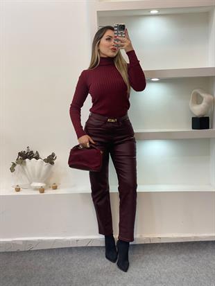 Bordo Mumlu Yüksek Bel Boyfit Jean 