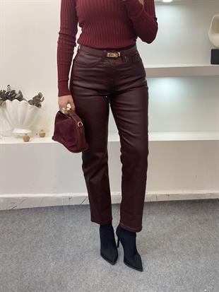 Bordo Mumlu Yüksek Bel Boyfit Jean 