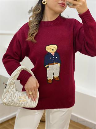 Bordo Nakış Detaylı Kazak