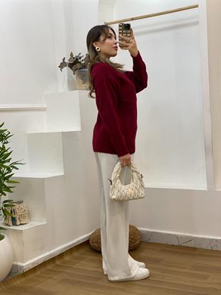 Bordo Nakış Detaylı Kazak