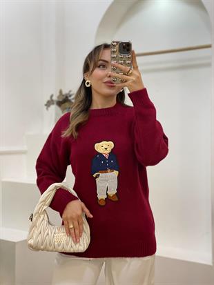 Bordo Nakış Detaylı Kazak