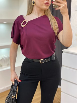 Bordo Omuz Gold Çıkarılabilir Broşlu Modal Bluz