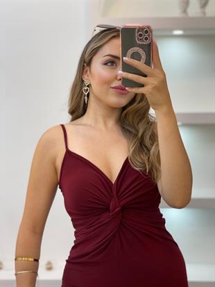 Bordo Önü Burgu Detaylı İnce Askılı Elbise