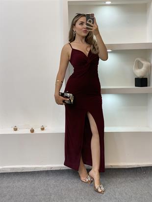 Bordo Önü Burgu Detaylı İnce Askılı Elbise