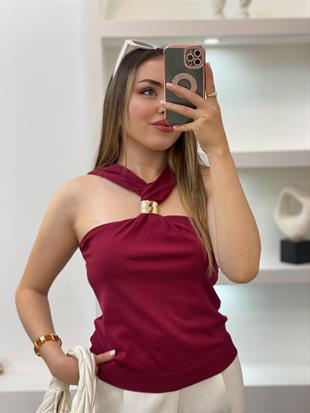 Bordo Önü Tokalı Model Triko Bluz