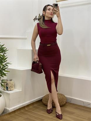 Bordo Önü Yırtmaçlı Kalem Etek