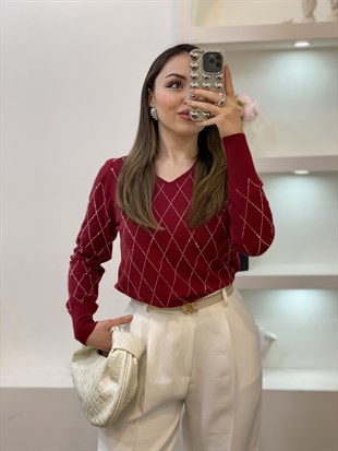 Bordo Parıltılı Taşlı Baklava Desen Triko Bluz