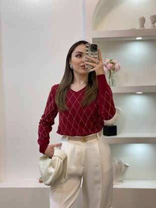 Bordo Parıltılı Taşlı Baklava Desen Triko Bluz