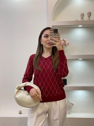 Bordo Parıltılı Taşlı Baklava Desen Triko Bluz