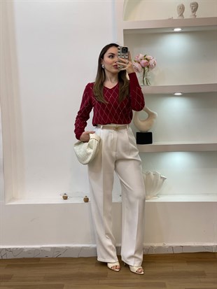Bordo Parıltılı Taşlı Baklava Desen Triko Bluz