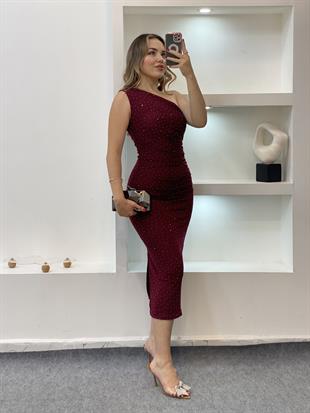 Bordo Parıltılı Taşlı Elbise