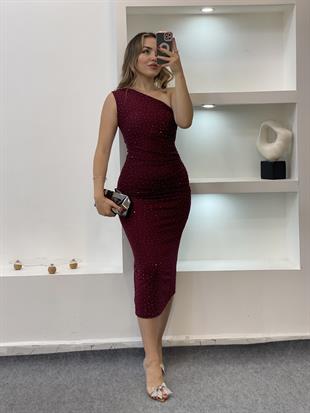 Bordo Parıltılı Taşlı Elbise