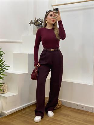 Bordo Parmak Geçirmeli Model Modal Kumaş Basic Bluz