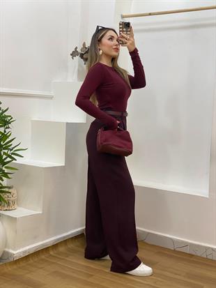 Bordo Parmak Geçirmeli Model Modal Kumaş Basic Bluz
