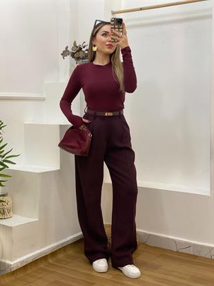 Bordo Parmak Geçirmeli Model Modal Kumaş Basic Bluz
