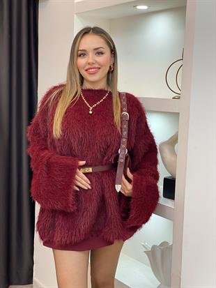Bordo Peluş Kürk Dokulu Premium Kazak