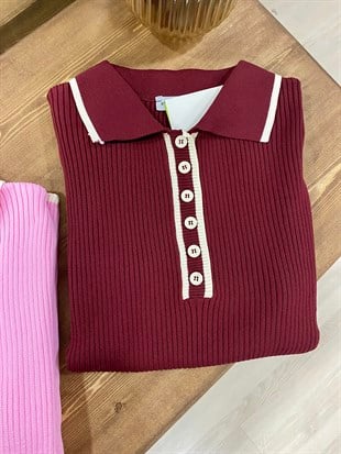 Bordo Polo Yaka Elit Triko Bluz