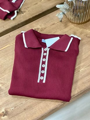 Bordo Polo Yaka Elit Triko Bluz