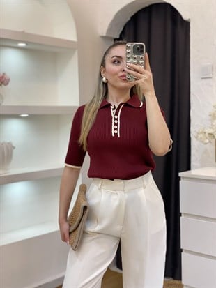 Bordo Polo Yaka Elit Triko Bluz
