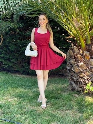 Bordo Renk Likralı Katlı Elbise 